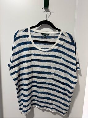Lauren Ralph Lauren Navy & White Linen Striped Scoop Neck Tee